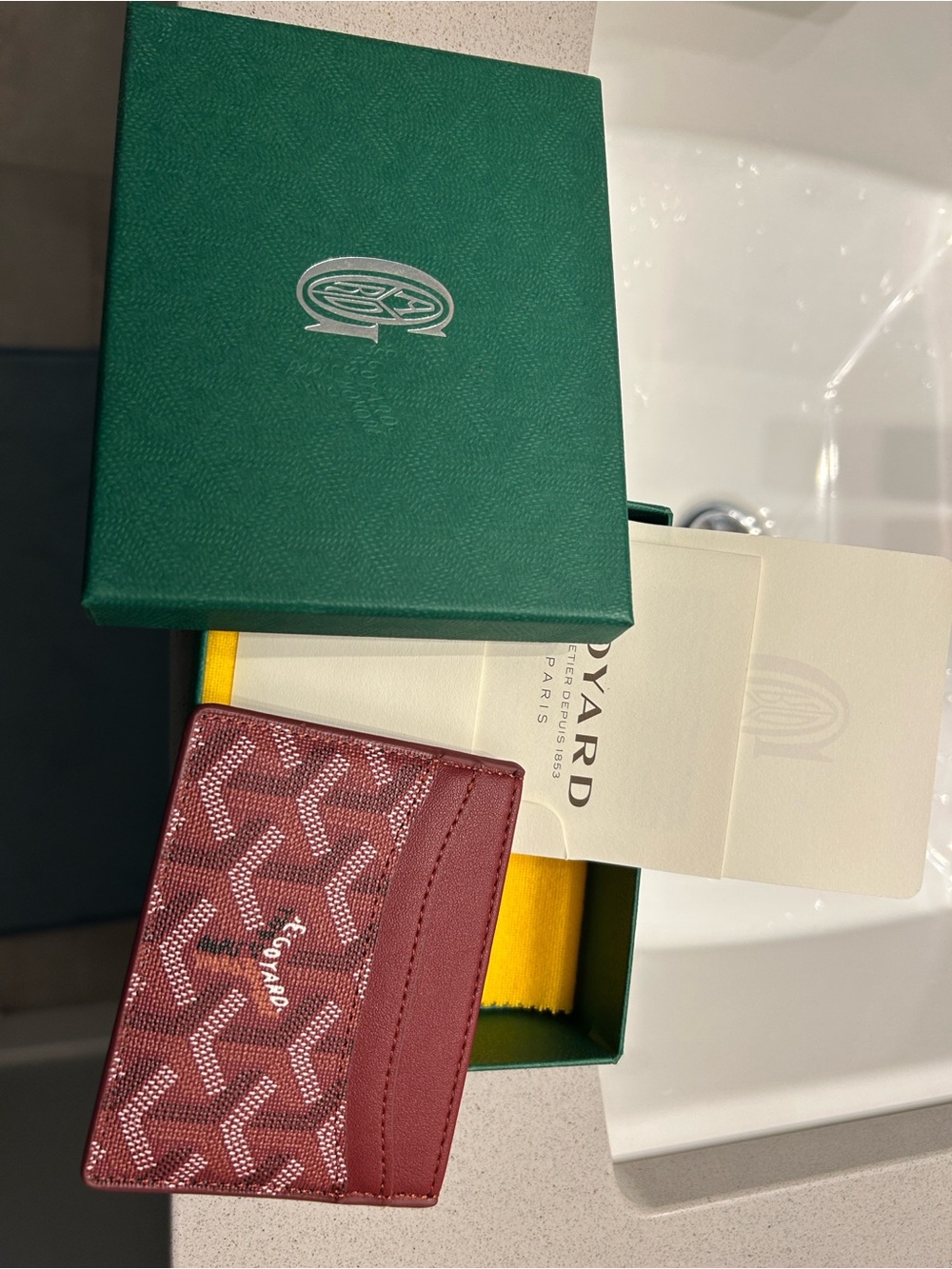 Goyard Burgundy & White Goyardine Card Holder with Leather Trim